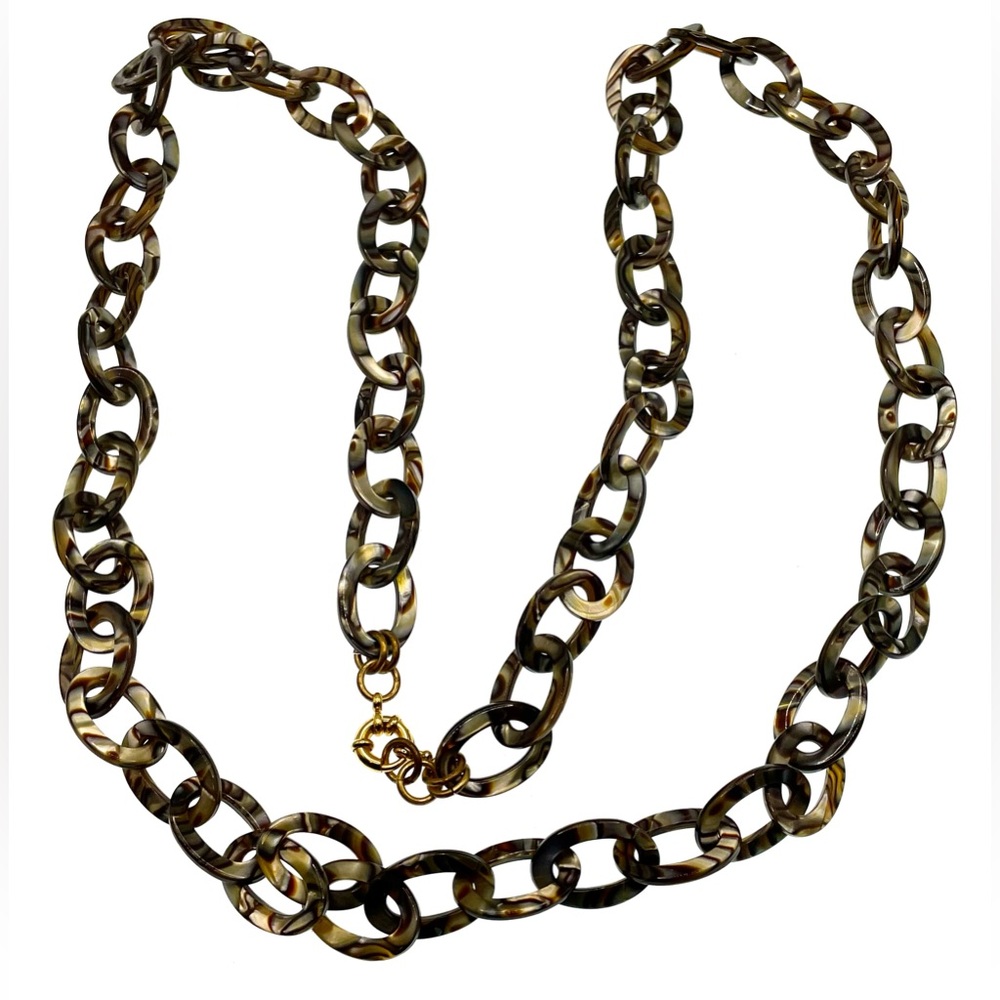 Vintage Resin Abalone Tortoise Pearlescent Linked Statement Necklace Layering